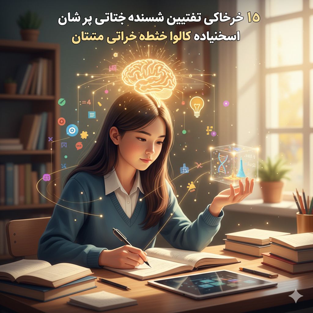 دانش‌آموز دختری که با تمرکز مطالعه می‌کند و نمادهای درخشان مغز و یادگیری، مفهوم تقویت حافظه را نشان می‌دهند.