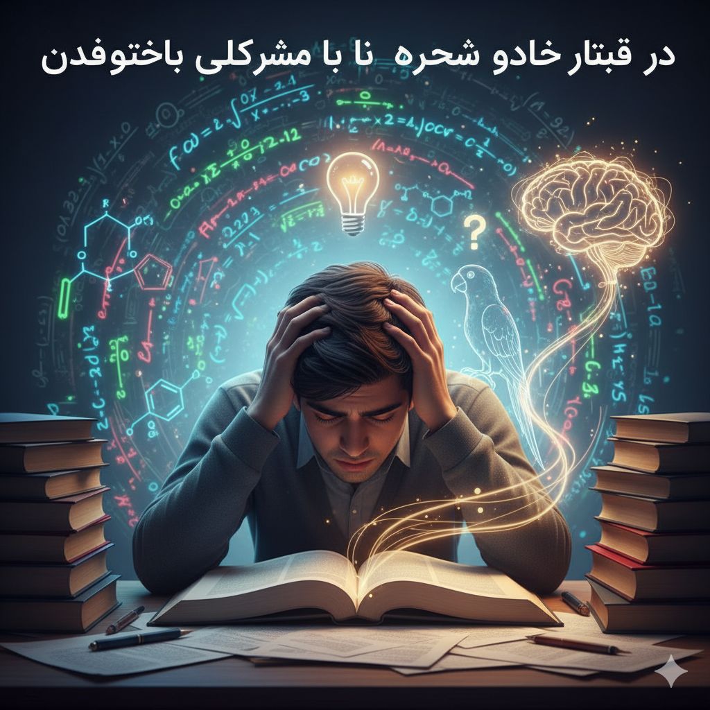 دانشجویی خسته و کلافه که سر خود را روی کتاب گذاشته، با نورهای نئونی از فرمول‌ها و علامت سوال در اطرافش که نشان‌دهنده سختی حفظ کردن طوطی‌وار مطالب است.